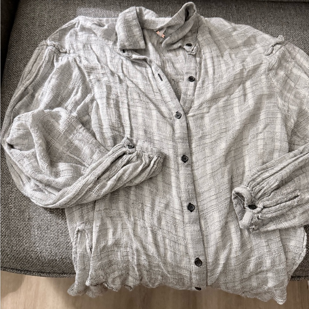 Free People Textured Light Gray Gauze Button-Up Shirt
